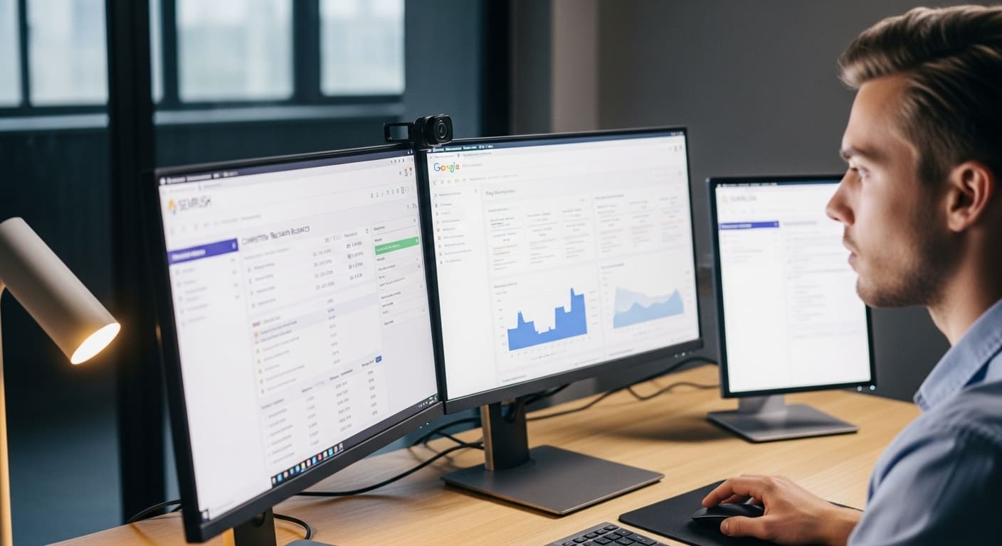 Marketer using Google Analytics and SEMrush dashboards to monitor PPC campaign performance and keyword trends.