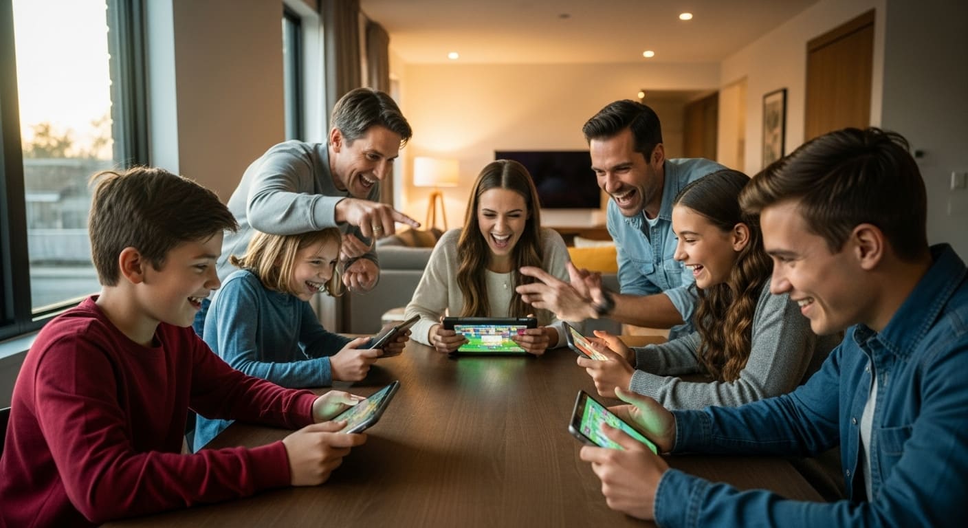 Family members cheering and laughing during a fast-paced digital trivia competition at home.