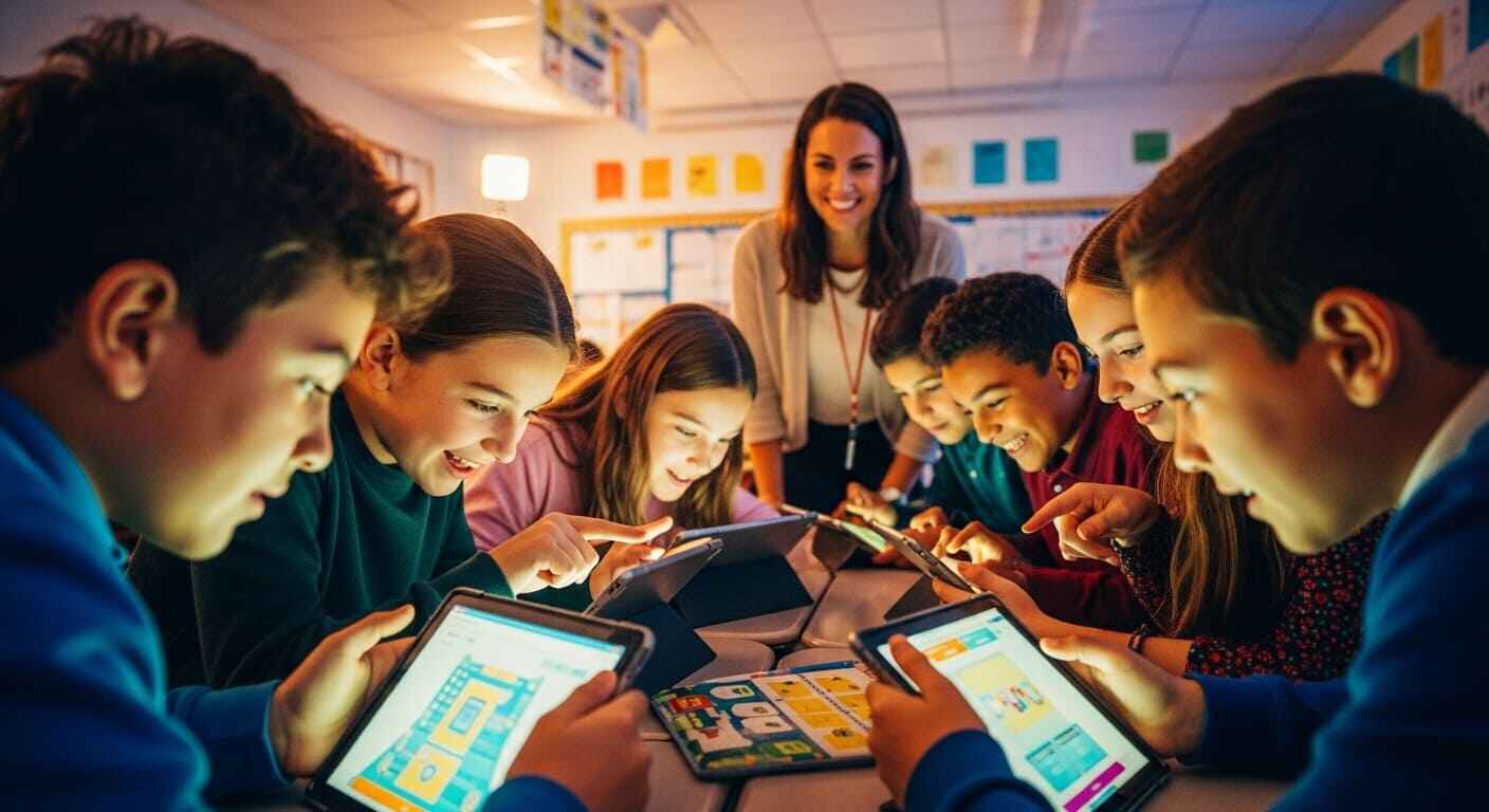 Students excitedly playing an educational game on tablets during class, teacher observing.