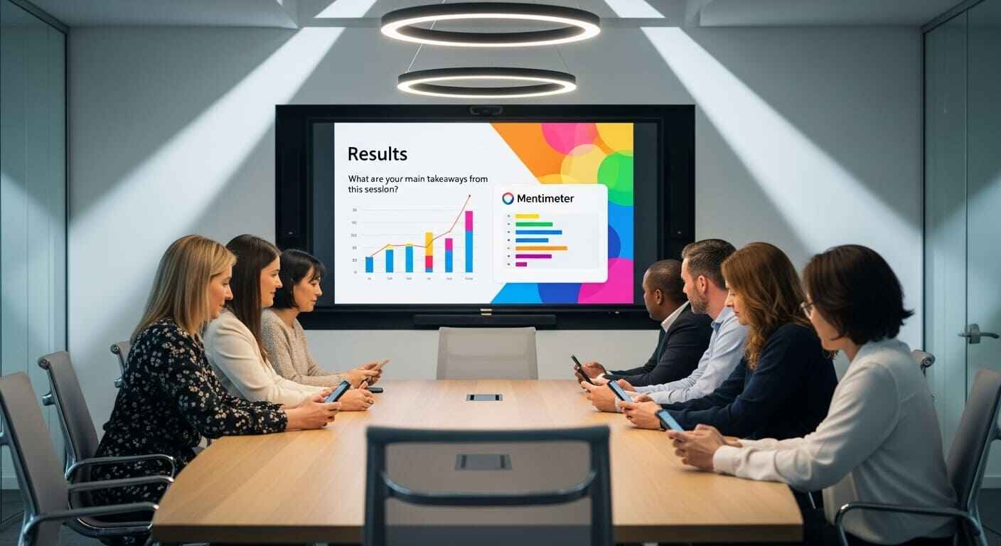 Corporate team using Mentimeter during a live interactive presentation, showing professional engagement and instant feedback.