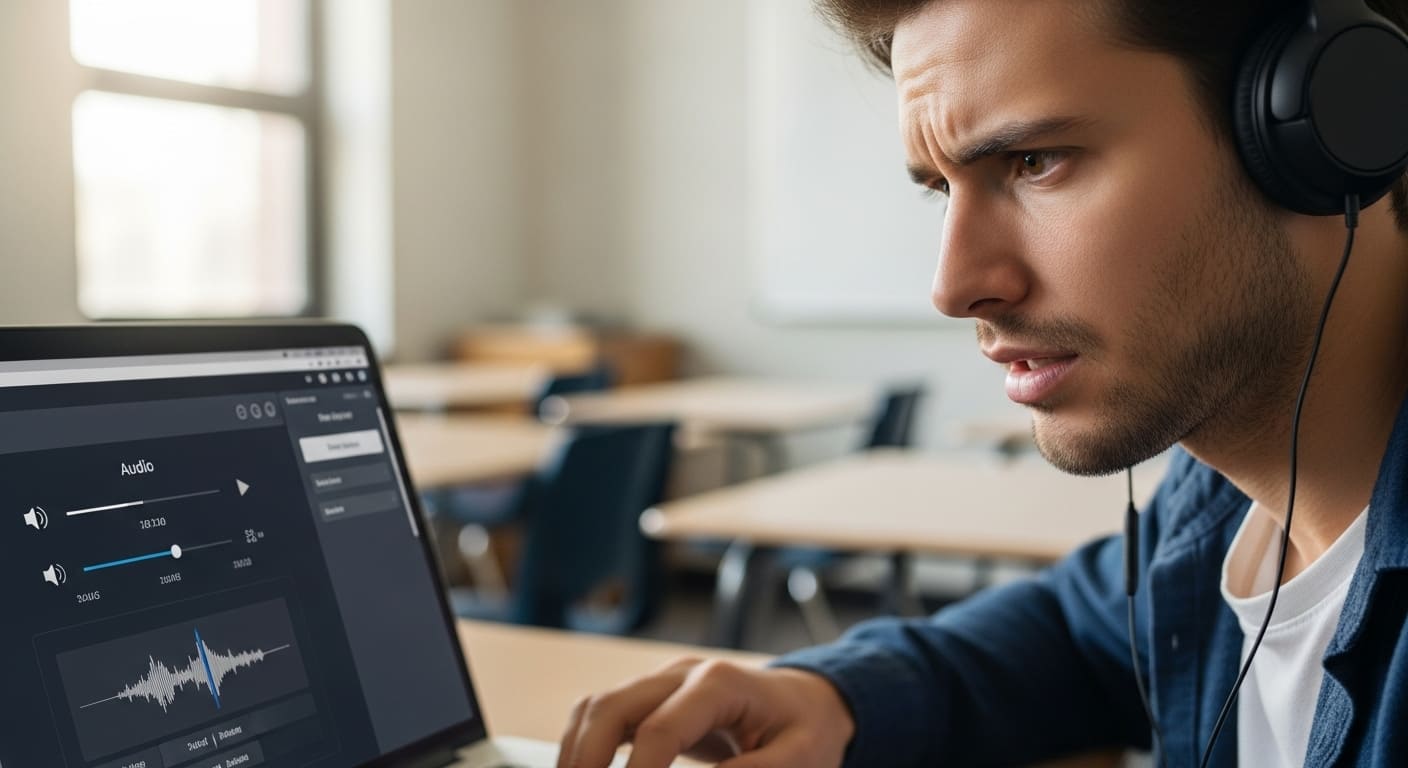 Student wearing headphones frowning at computer while testing audio during an online Gimkit session.