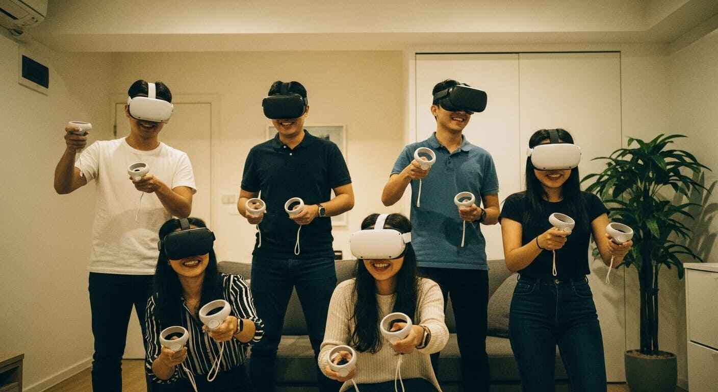 Young Singaporean gamers wearing VR headsets in a modern apartment, immersed in a digital world, representing Singapore’s tech-savvy gaming community