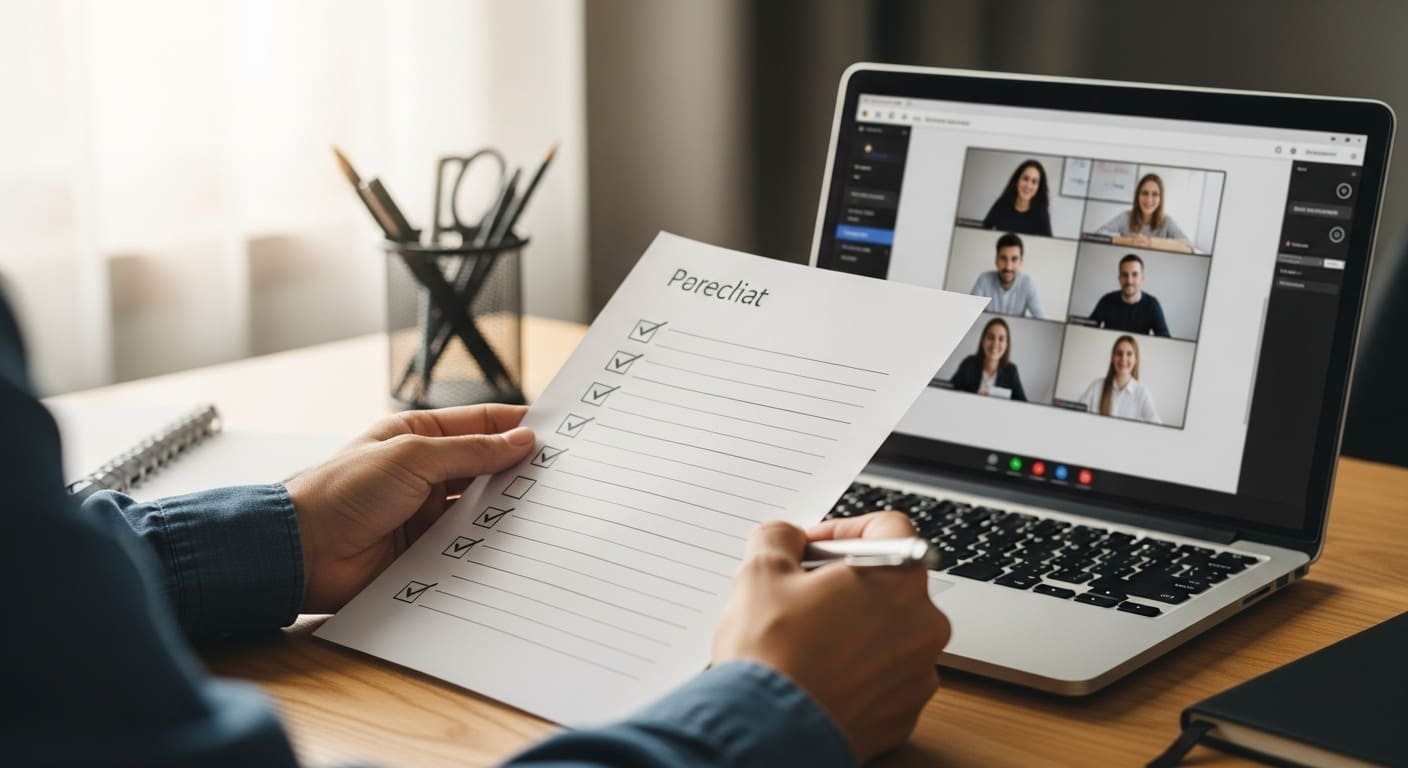 Teacher checking a troubleshooting checklist for Gimkit screen sharing before starting a virtual class.