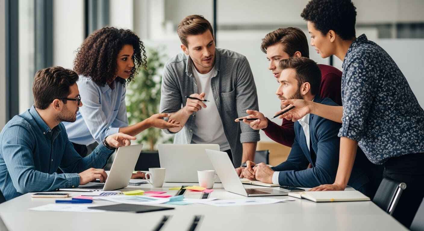 A diverse team solving workplace challenges together using an interactive digital training game