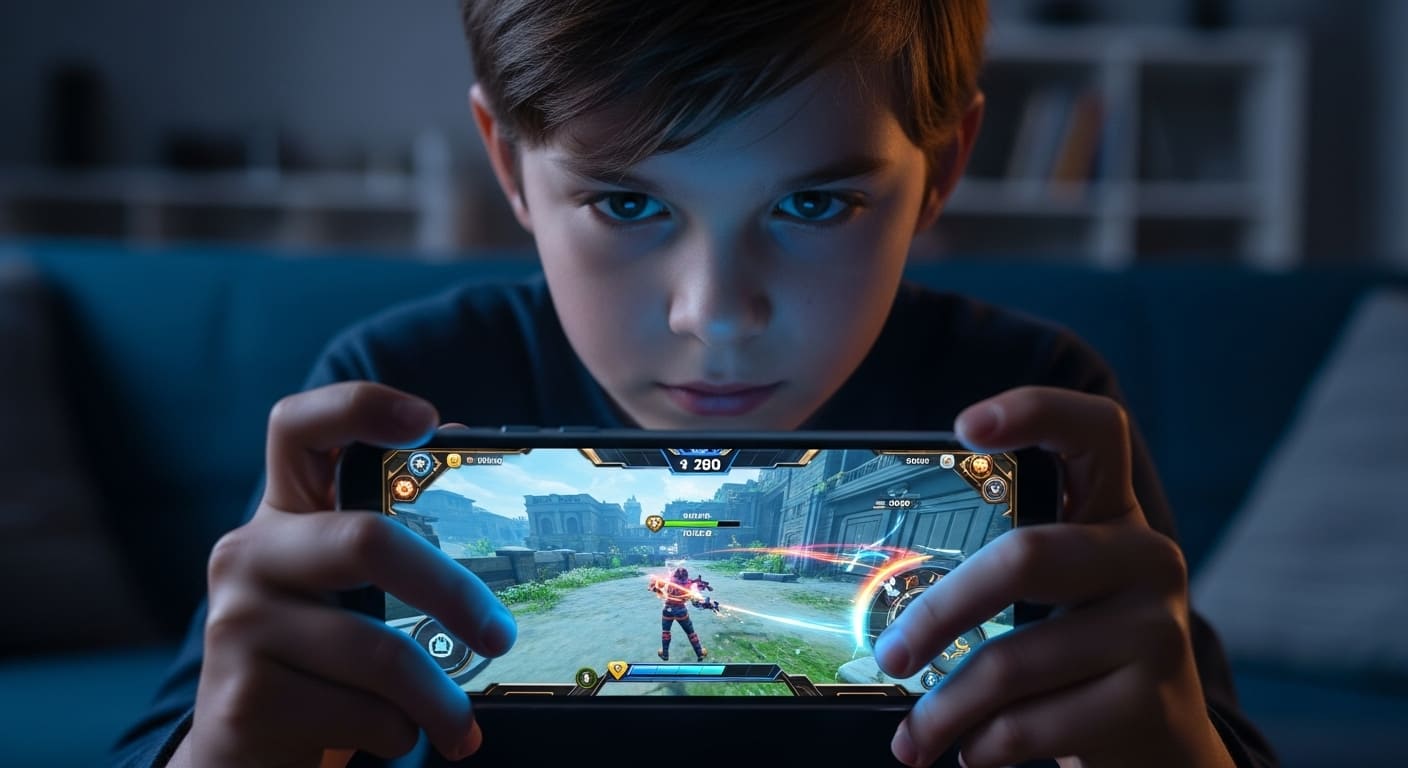 “Close-up of a focused student’s face as they play a live Gimkit game on their phone, reflecting determination and fast-paced engagement.”