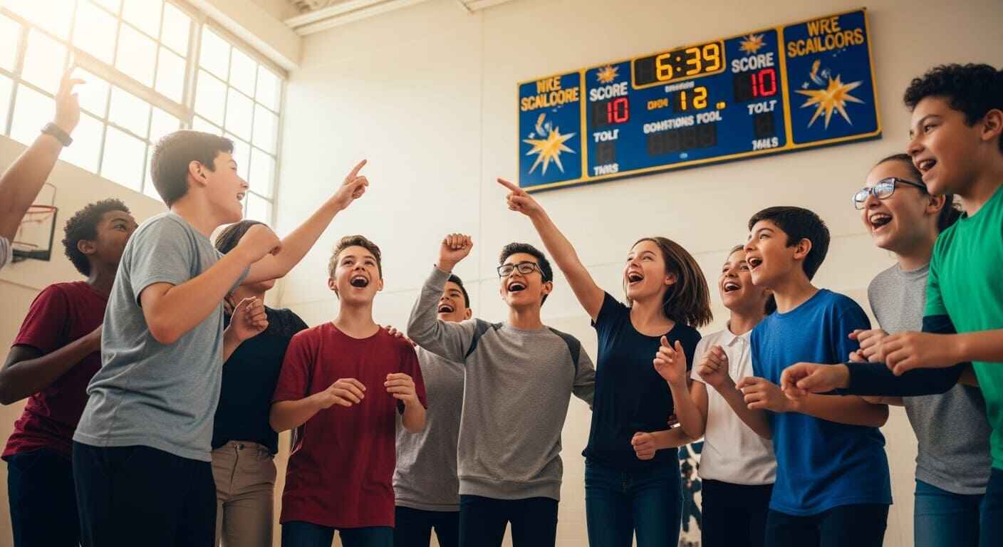 Students celebrating quiz results in a PE class, showing teamwork and engagement beyond physical activity.