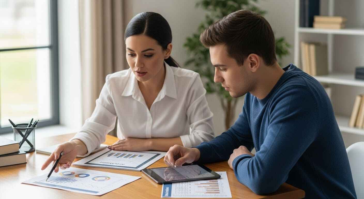 A tutor and student sitting together reviewing data insights after a Gimkit session to identify learning gaps.
