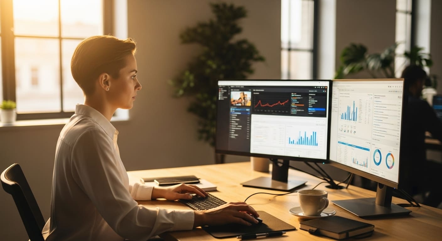 Digital marketer managing multiple ad campaigns efficiently on laptop with clock and organized workspace in background.