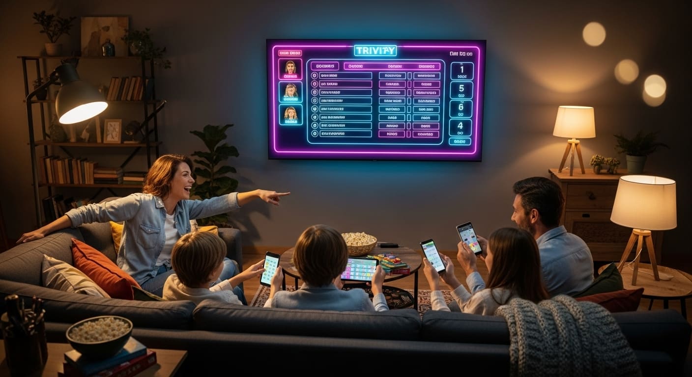 Family gathered around a TV showing a digital leaderboard while playing an interactive trivia game together.