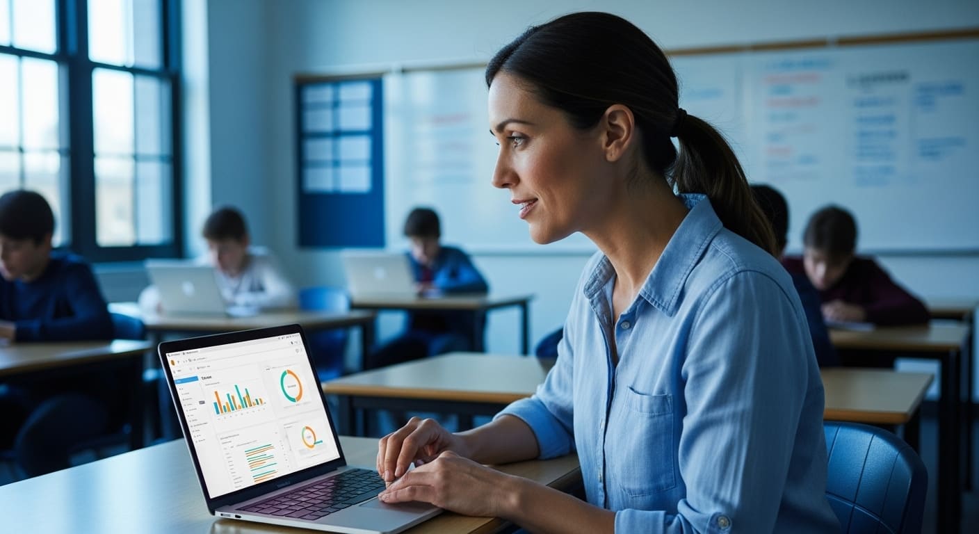 Teacher analyzing student responses on laptop using Socrative app in classroom.