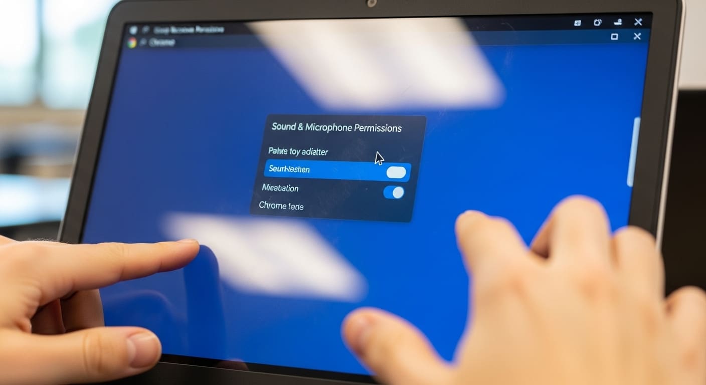 Hands adjusting Chromebook audio settings and microphone permissions in Google Chrome.