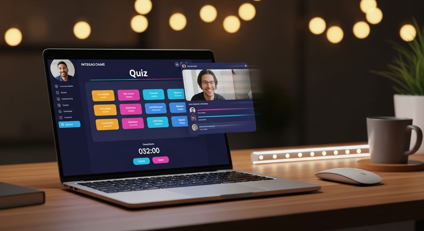 Computer running an online interactive game while video conferencing software captures the screen