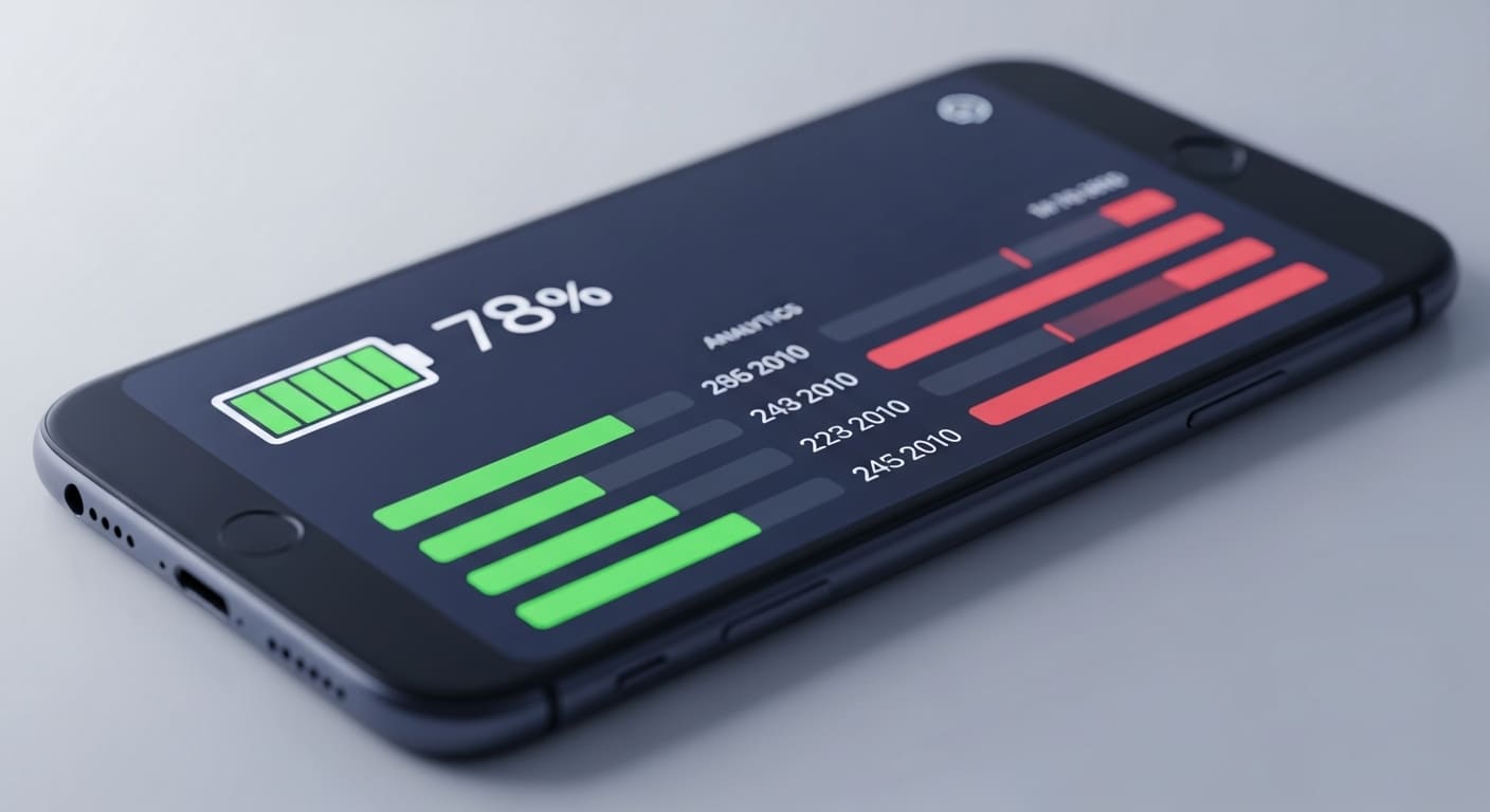 “A close-up shot of a smartphone showing battery percentage and performance graphs while testing an app’s power consumption.”