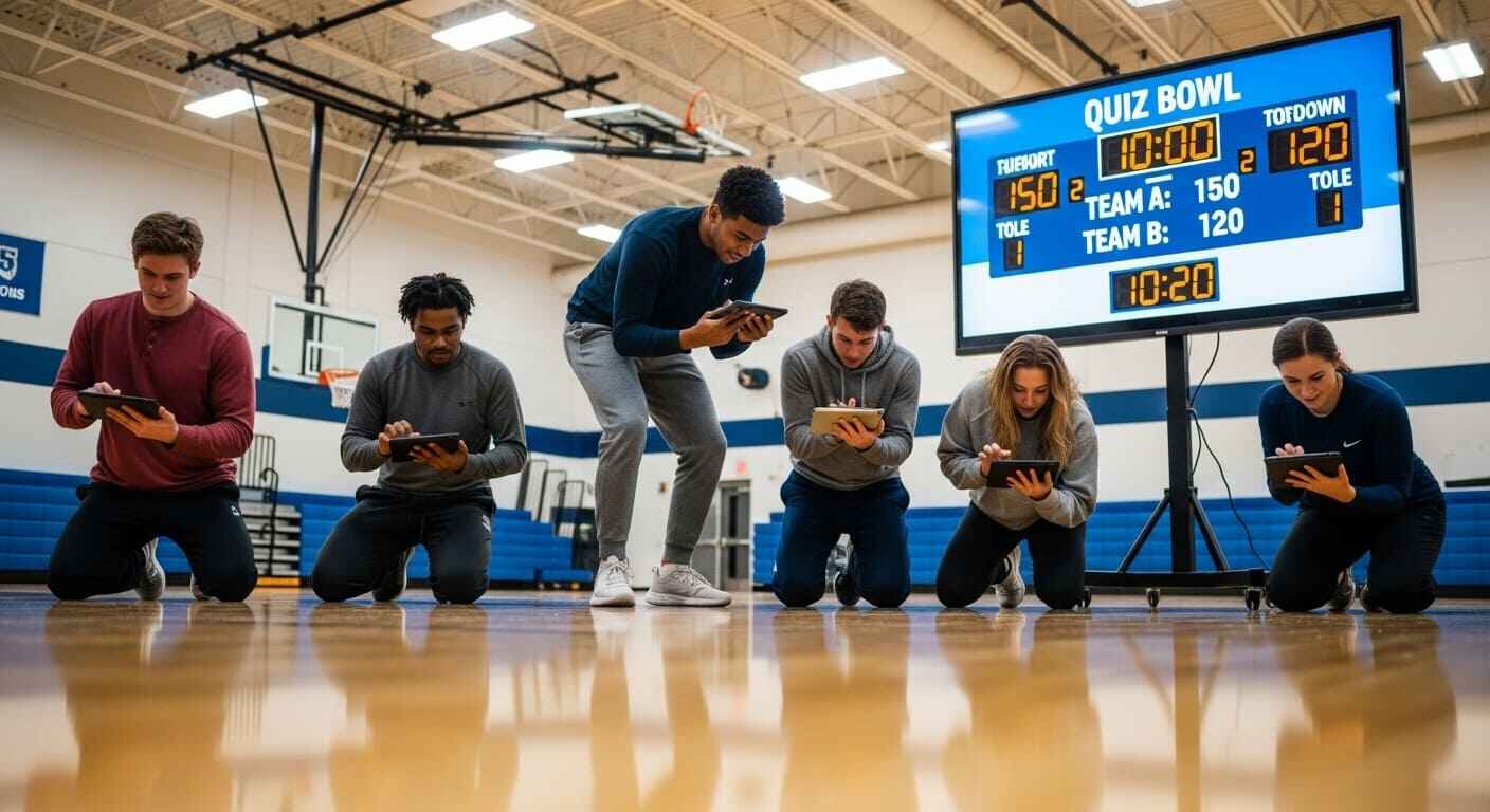 Students using tablets to play Gimkit quizzes during a PE class competition.