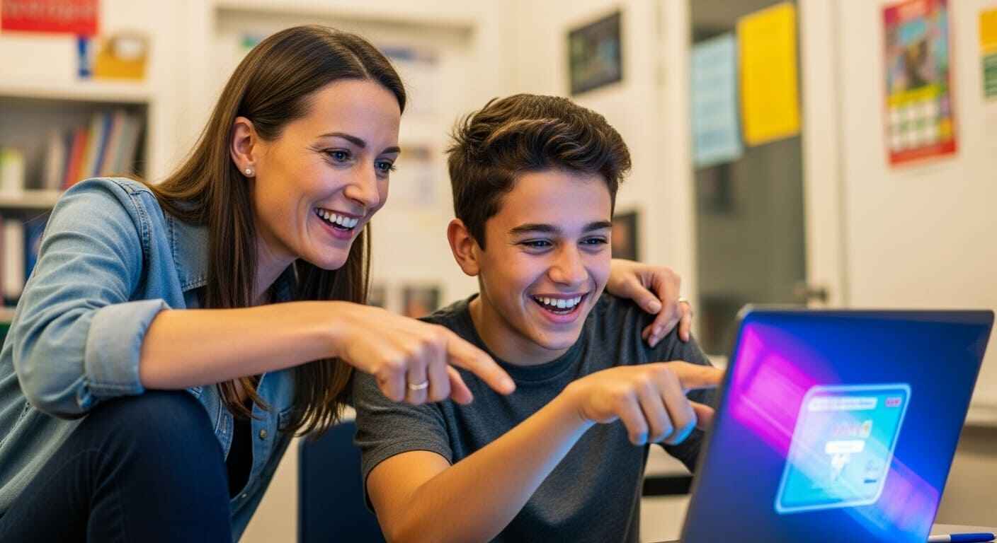 Tutor and student smiling while playing a competitive Gimkit Classic game on the same screen during tutoring