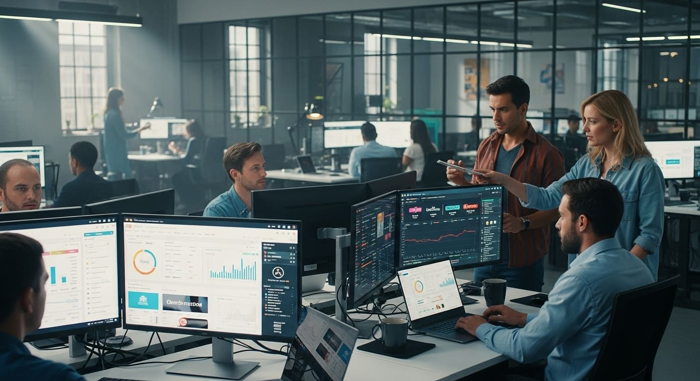 Marketing professionals managing scalable PPC campaigns for thousands of e-commerce products using advanced software.