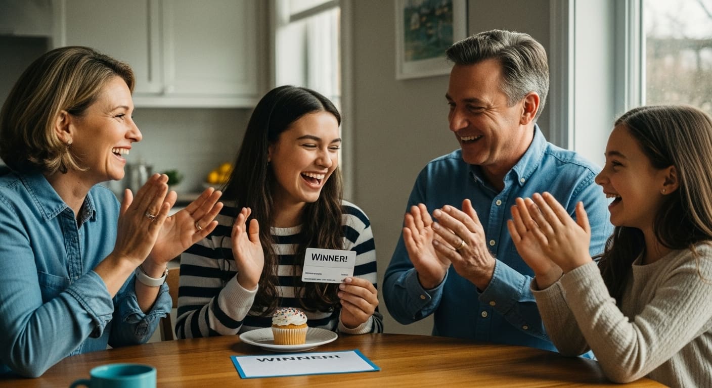 Family celebrating the winner of a home trivia game night with small fun prizes like desserts or a movie pick.