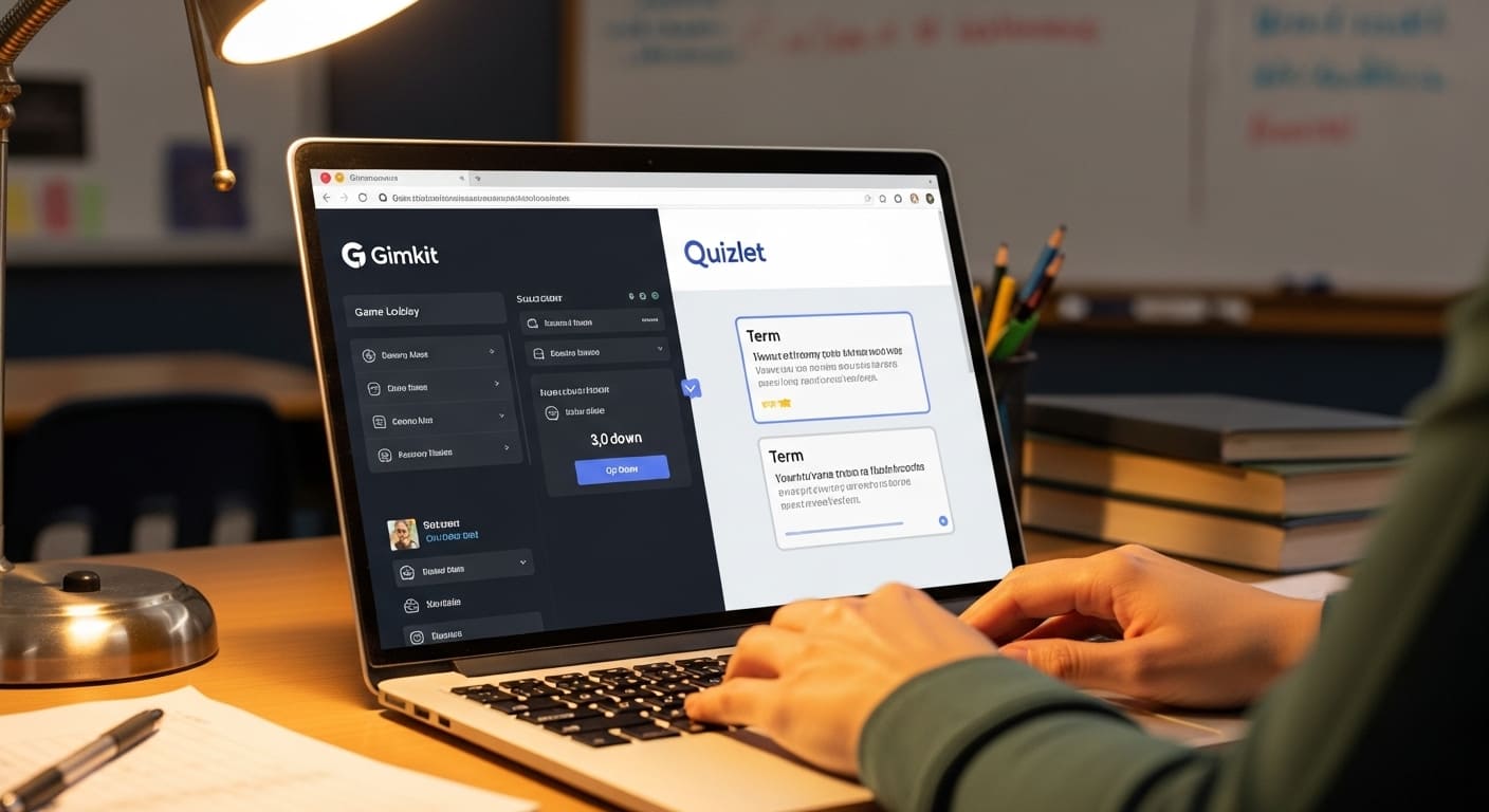 Teacher importing Quizlet content into Gimkit on laptop screen
