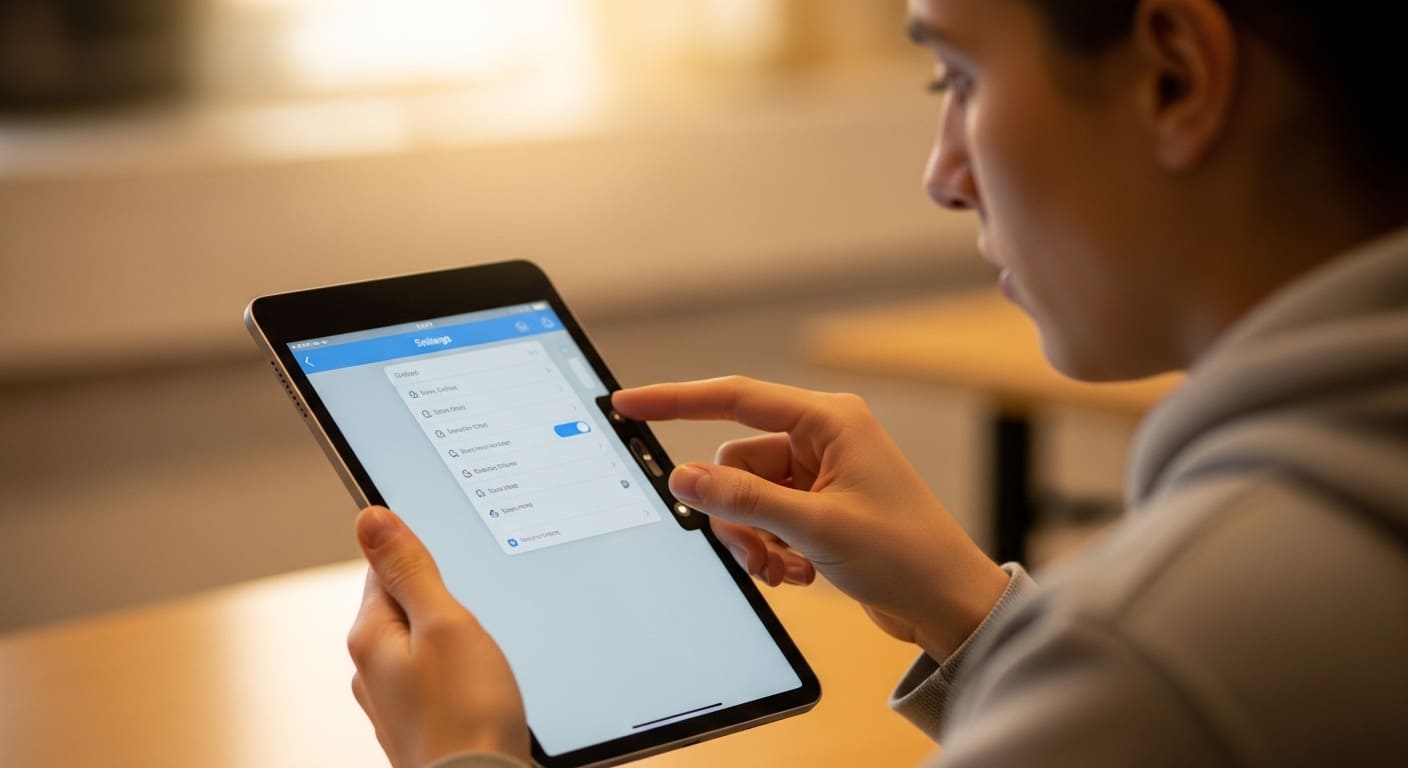 Student adjusting volume controls and sound switch on iPad while using Gimkit app.