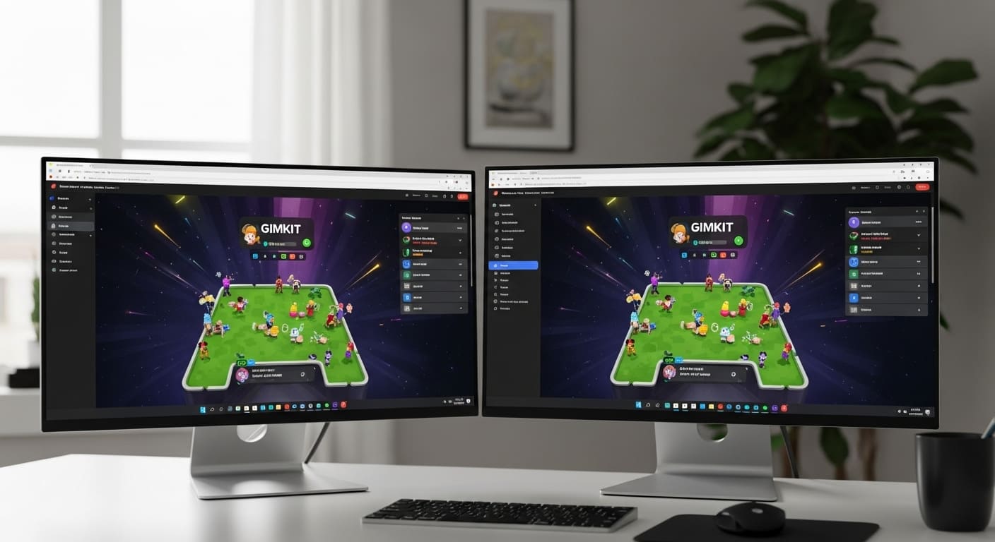 Split screen showing Zoom and Google Meet interfaces side by side with Gimkit being shared