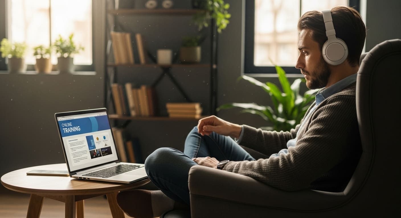 Professional working from home on a laptop, completing a digital training assignment at their own pace