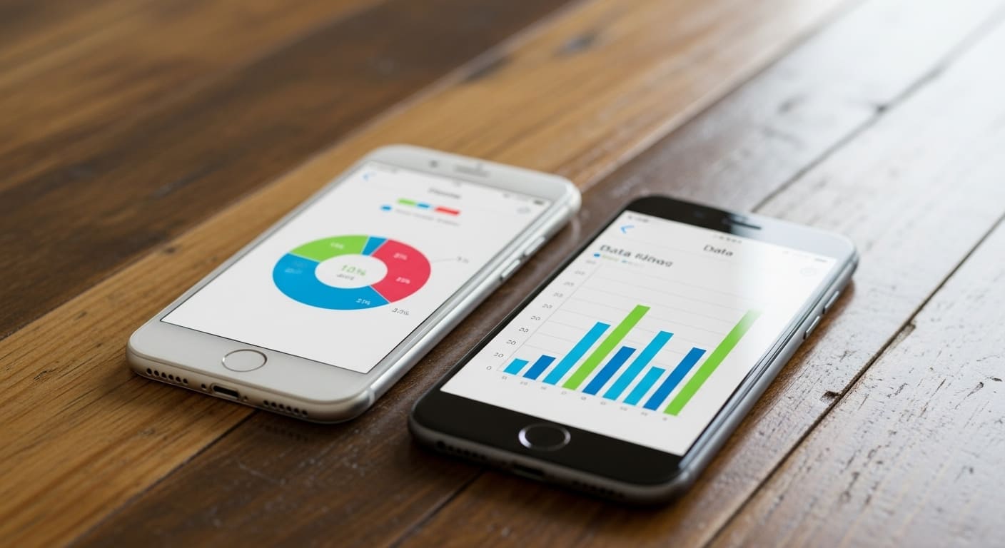 “A comparison image showing two smartphones side-by-side: one displaying a web browser and the other a mobile app, highlighting different data usage statistics.”