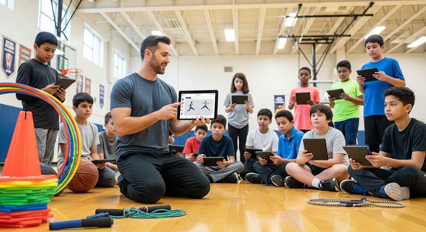 PE teacher organizing students for a digital quiz activity using tablets in a large gymnasium.