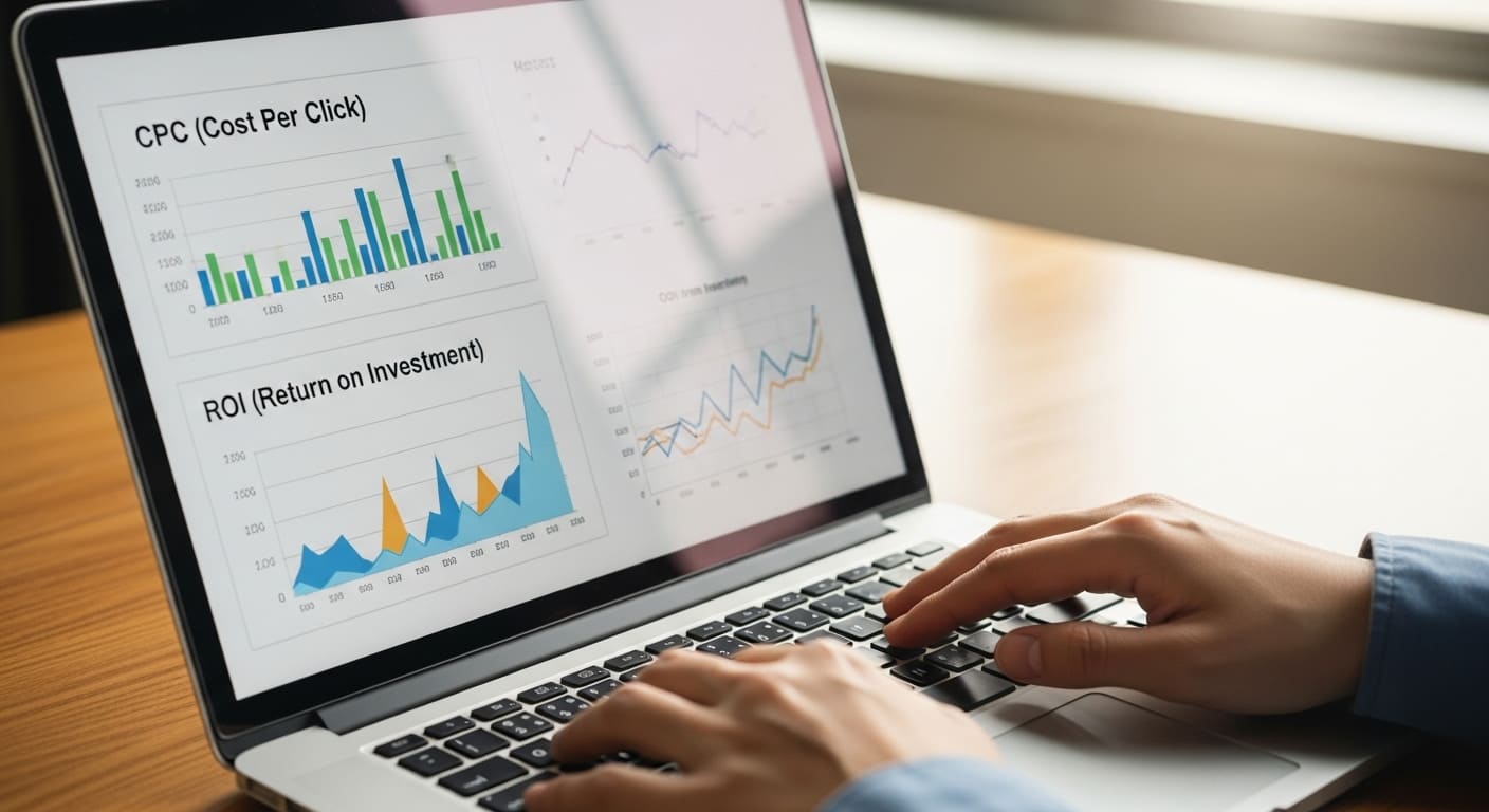 Marketer analyzing ROI performance metrics and CPC trends to improve e-commerce ad profitability.
