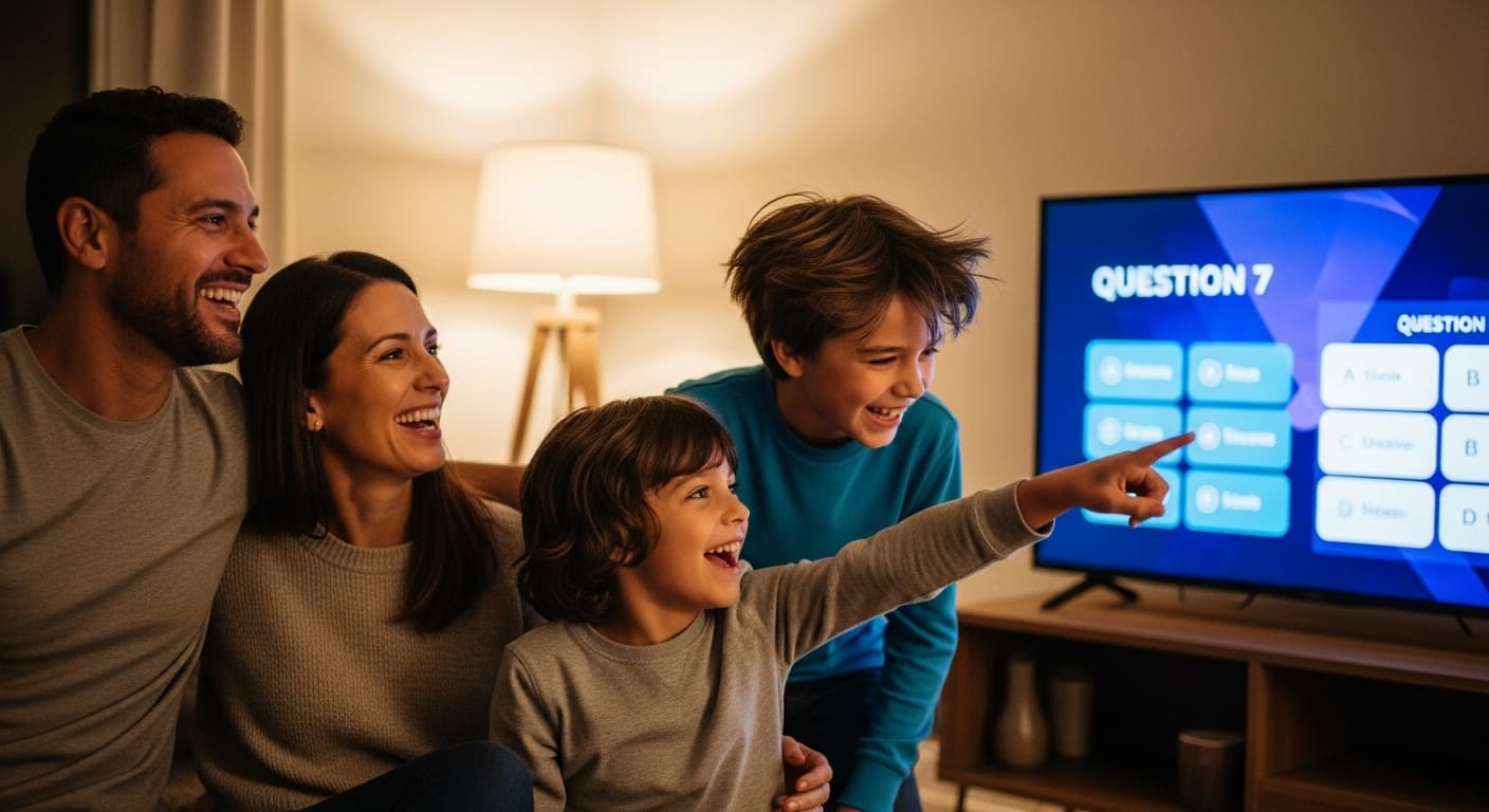 Family laughing hysterically as the trivia game screen shows random power-ups and a chaotic leaderboard