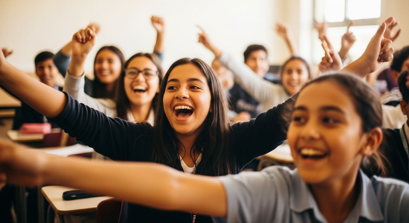 Students celebrating after winning an in-class Gimkit game.