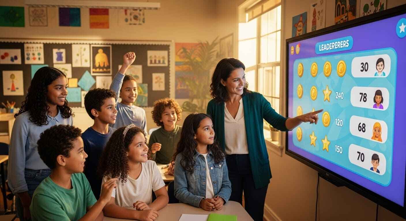 Teacher and students engaging with Gimkit’s competitive quiz economy featuring rewards and leaderboards.