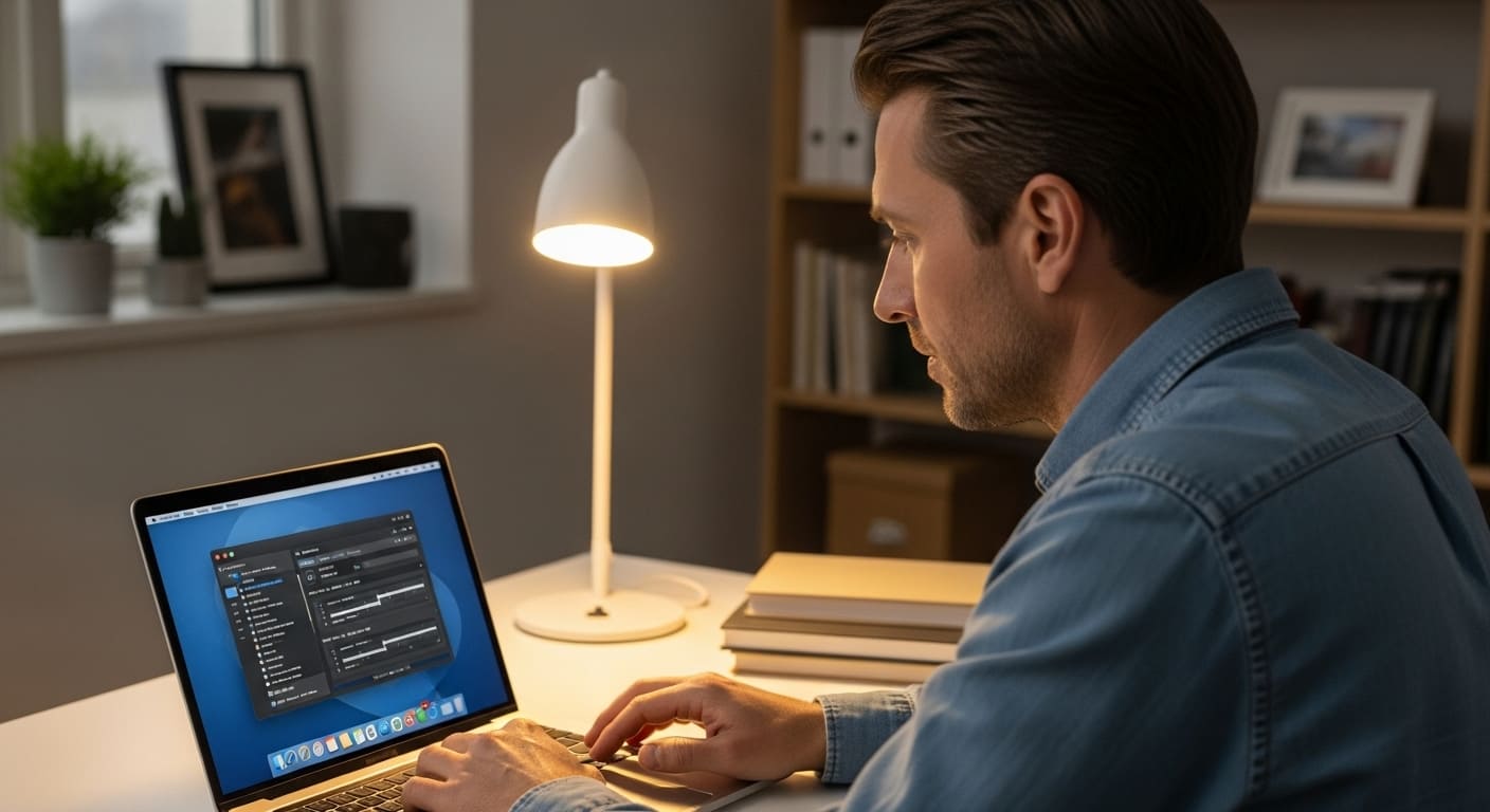 Teacher adjusting system audio settings on MacBook during online classroom session.
