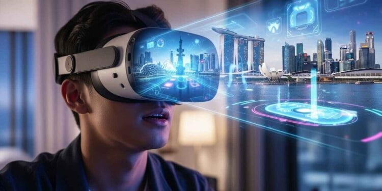 High-tech virtual reality headset worn by a young Singaporean gamer, overlooking a futuristic city skyline with digital gaming elements overlaid. The image symbolizes innovation, immersion, and Singapore's digital future in online gaming, connecting physical reality with the virtual world