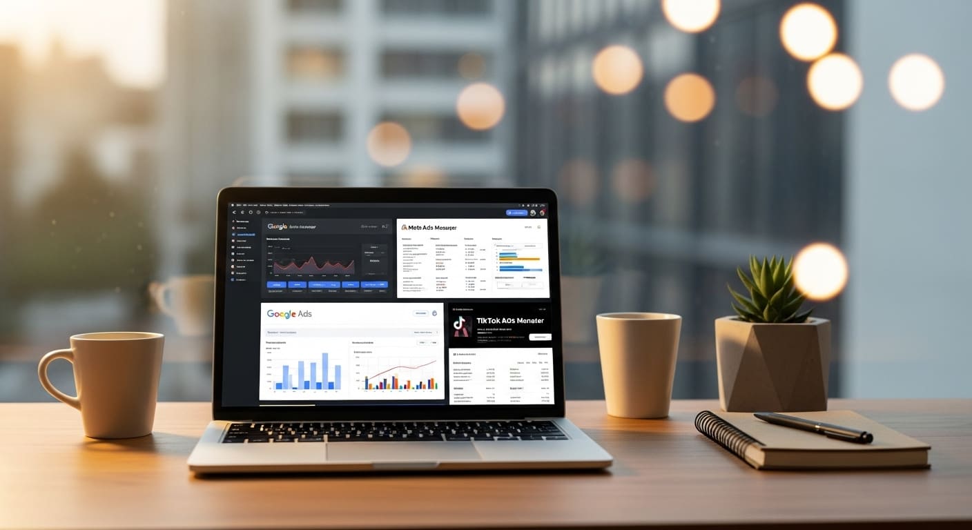Marketer planning cross-platform PPC strategy covering Google Ads, Meta, Amazon, and TikTok campaigns.