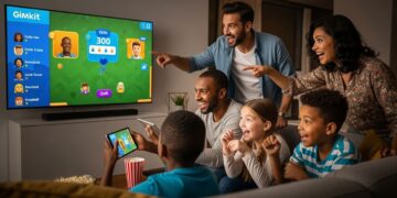 A diverse family (parents, pre-teen, child) laughing and engaged while playing Gimkit on a large living room TV. One parent holds a tablet, another points at the screen, and the children watch intently, showcasing a fun, interactive digital quiz game experience.