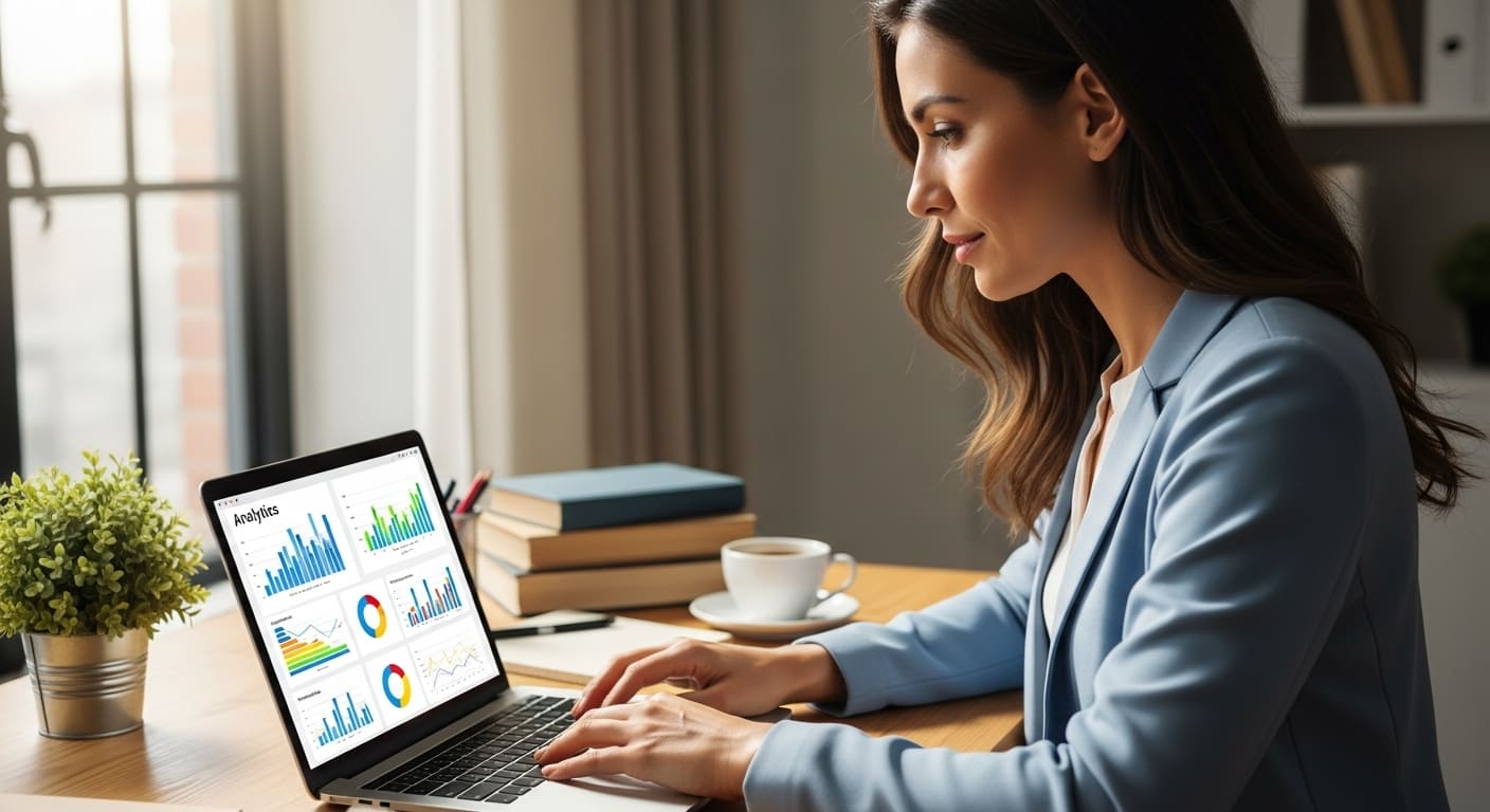 Teacher studying student engagement charts from Gimkit dashboard on laptop.