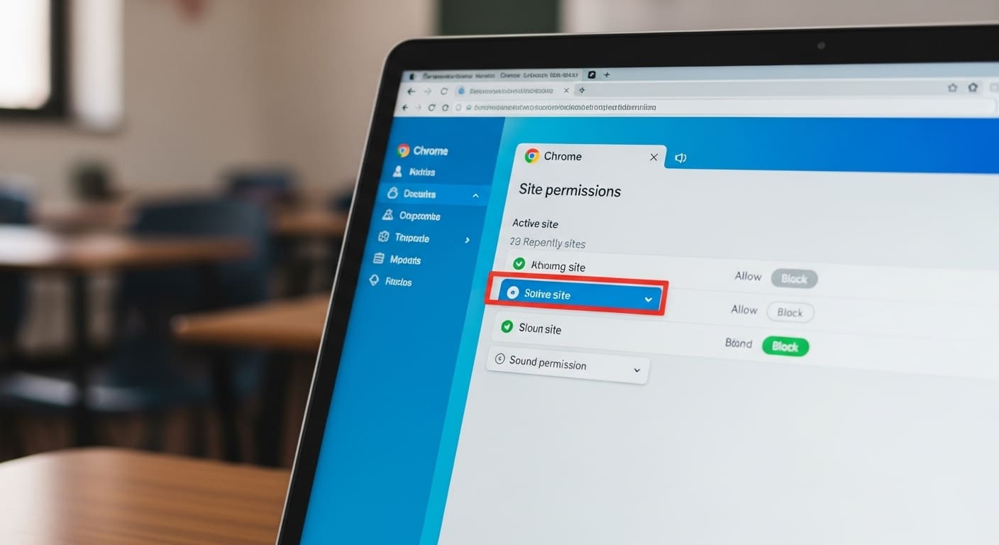 Close-up of Chrome browser sound settings on a school laptop during troubleshooting.