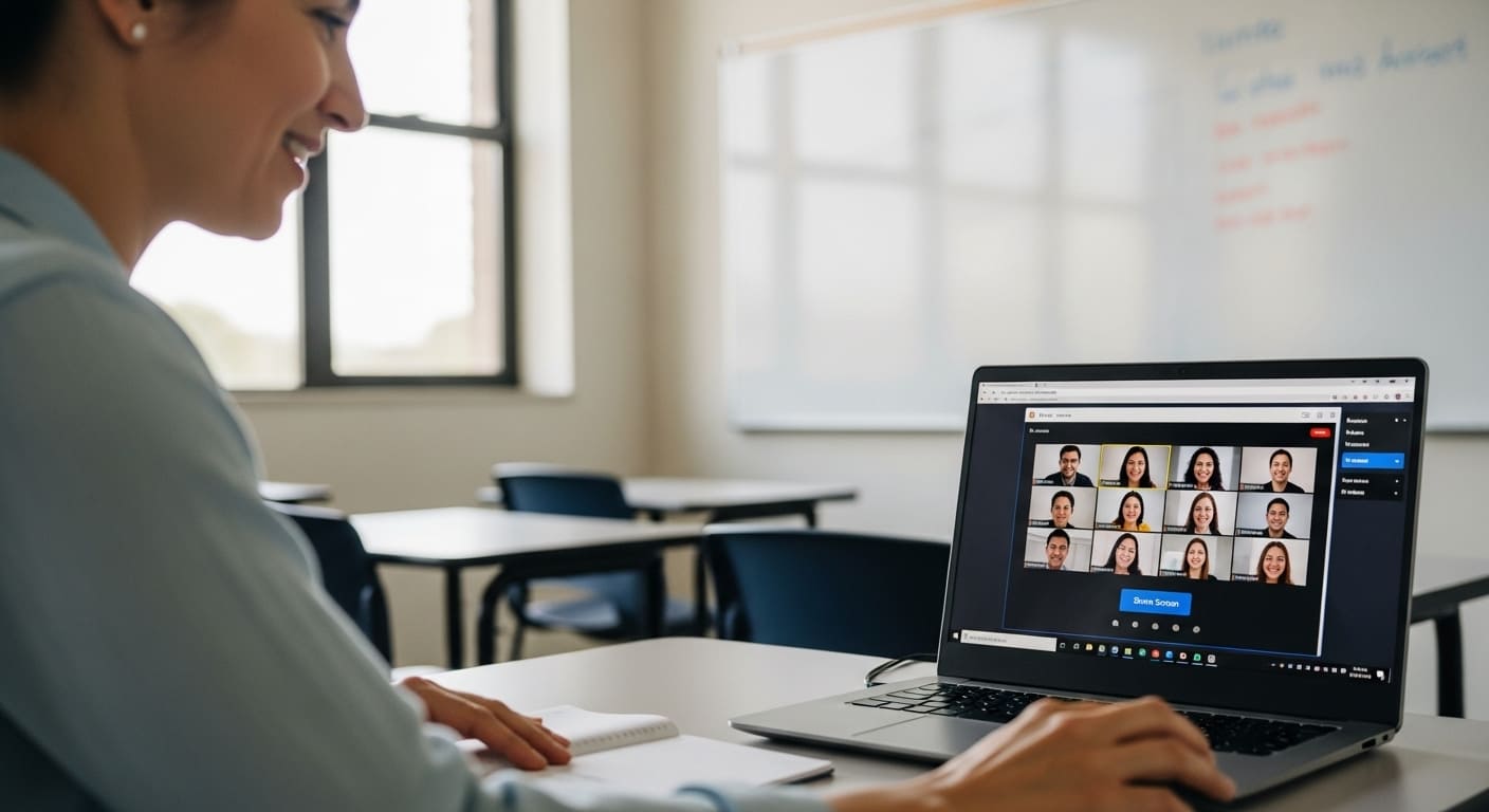 Teacher starting a live Gimkit screen share during a video class while students react on camera