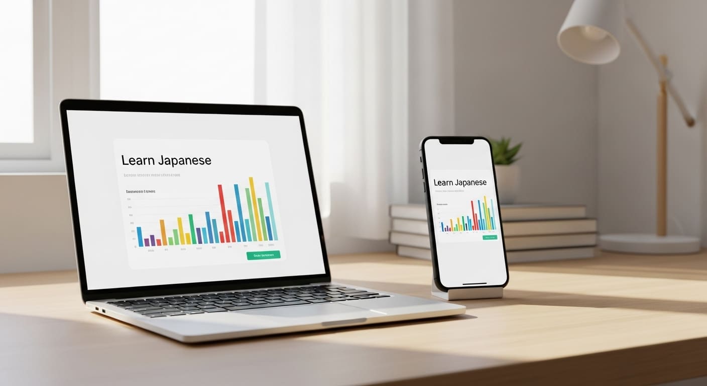 “A workspace setup showing both a laptop and smartphone with matching app screens, symbolizing cross-platform compatibility.”