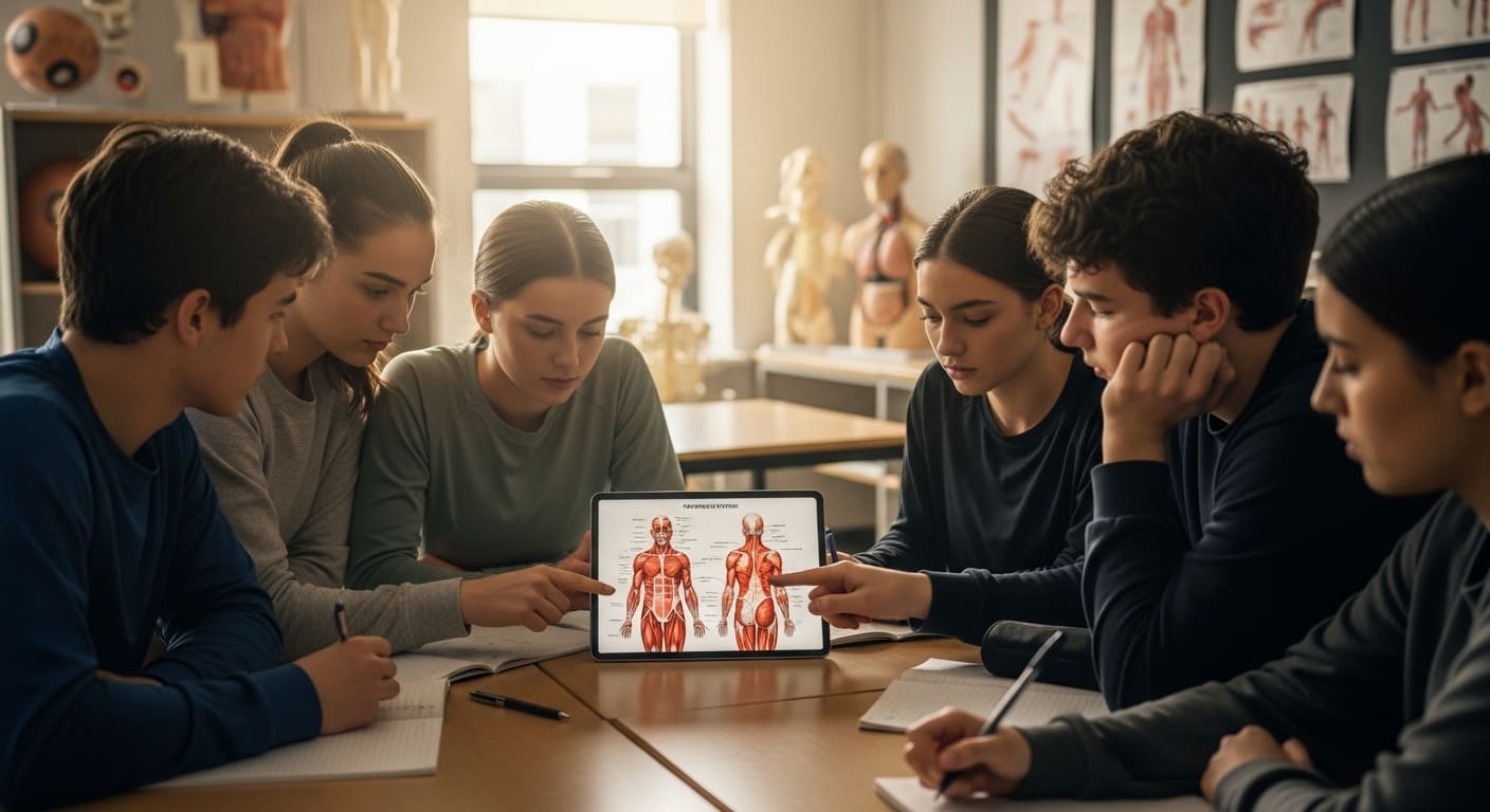 Students studying human anatomy and exercise physiology concepts in a PE classroom using digital tools.