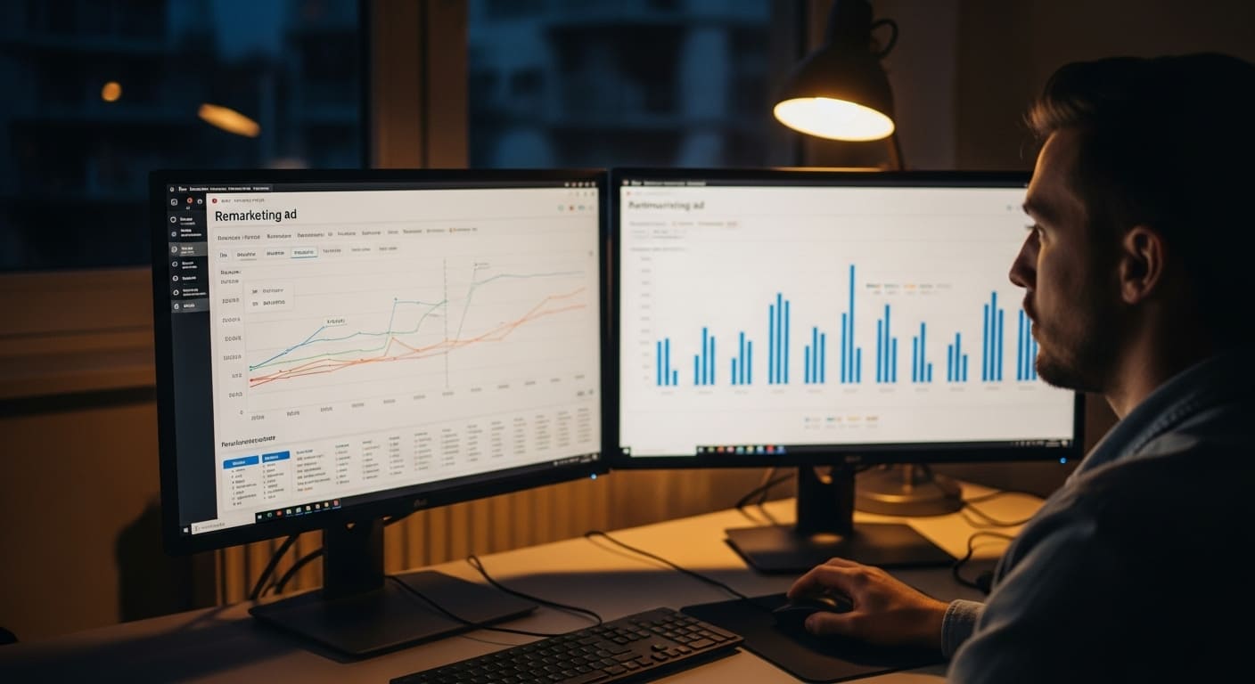 Digital marketer analyzing remarketing campaign results to bring back shoppers who abandoned carts.
