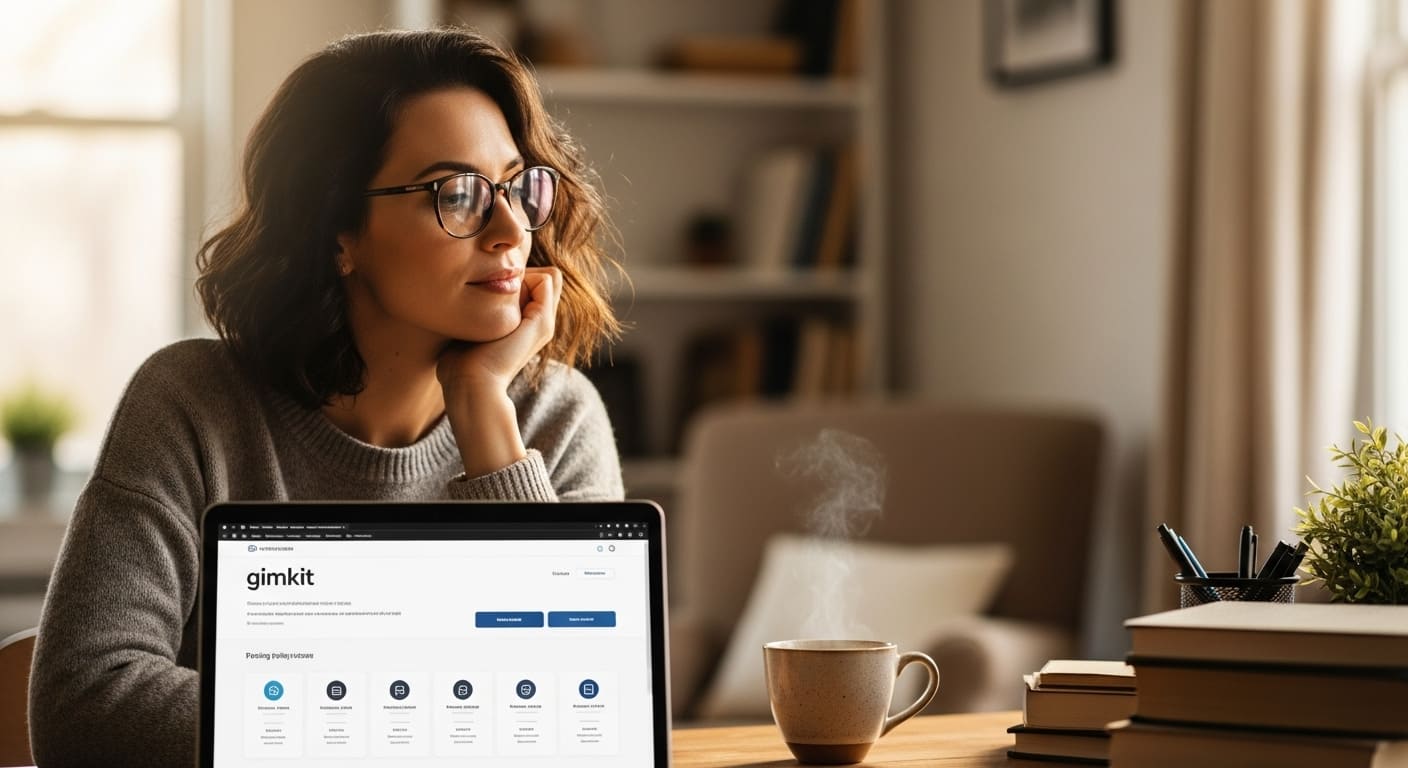 Teacher comparing Gimkit pricing options on laptop in a cozy home workspace.