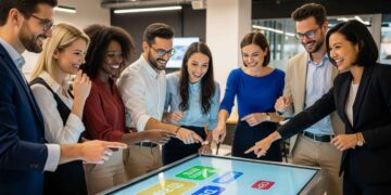 Photo-realistic image showing a modern corporate team smiling, actively engaged in a gamified training session on a large digital screen using a tool like Gimkit, contrasting with a nearby stack of dull paper binders.