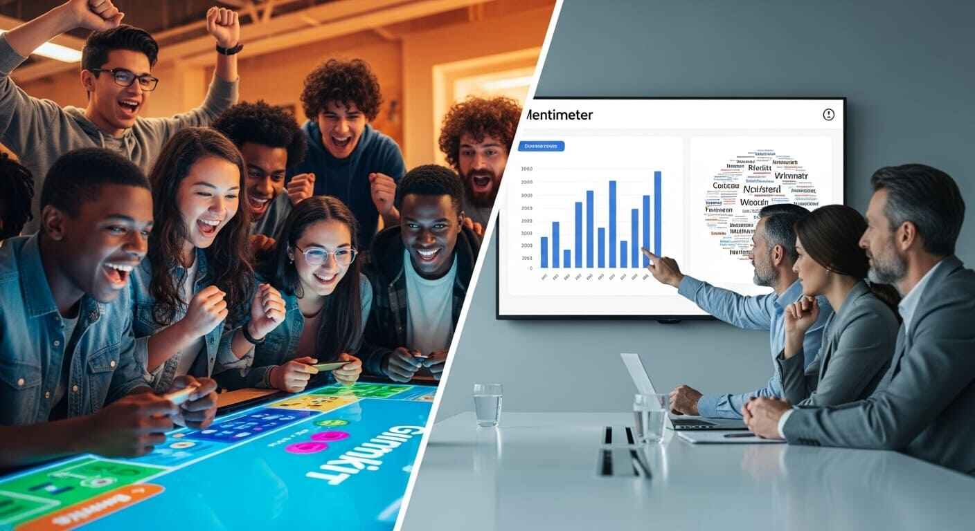 Side-by-side visual comparing Gimkit’s gamified learning excitement with Mentimeter’s professional engagement setup.