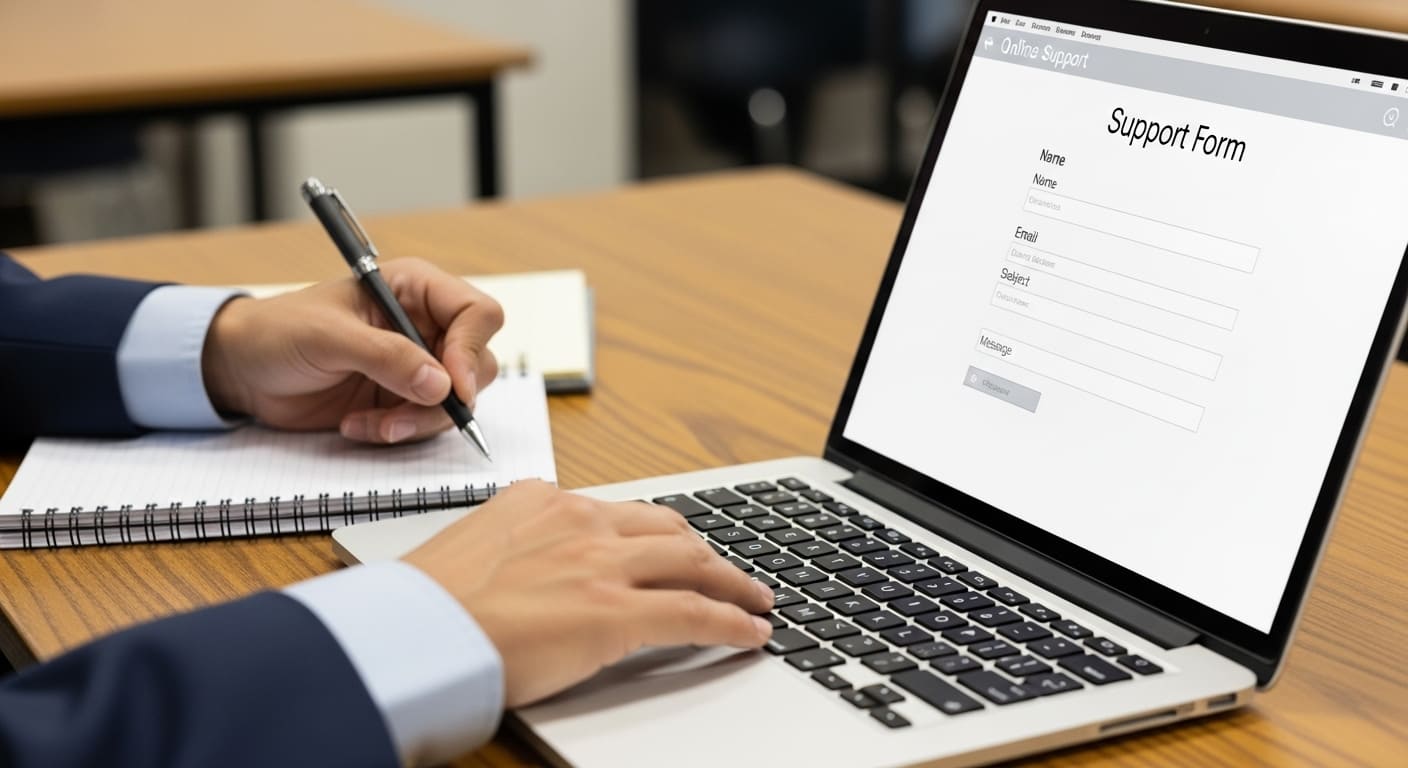 Teacher writing technical report with laptop open on help desk form for Gimkit support.