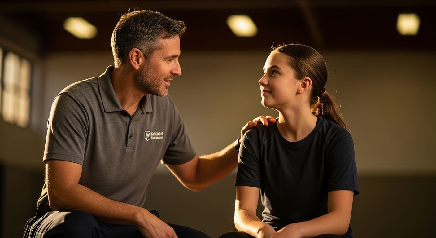 Students and teacher having a supportive conversation about mental health in PE setting.