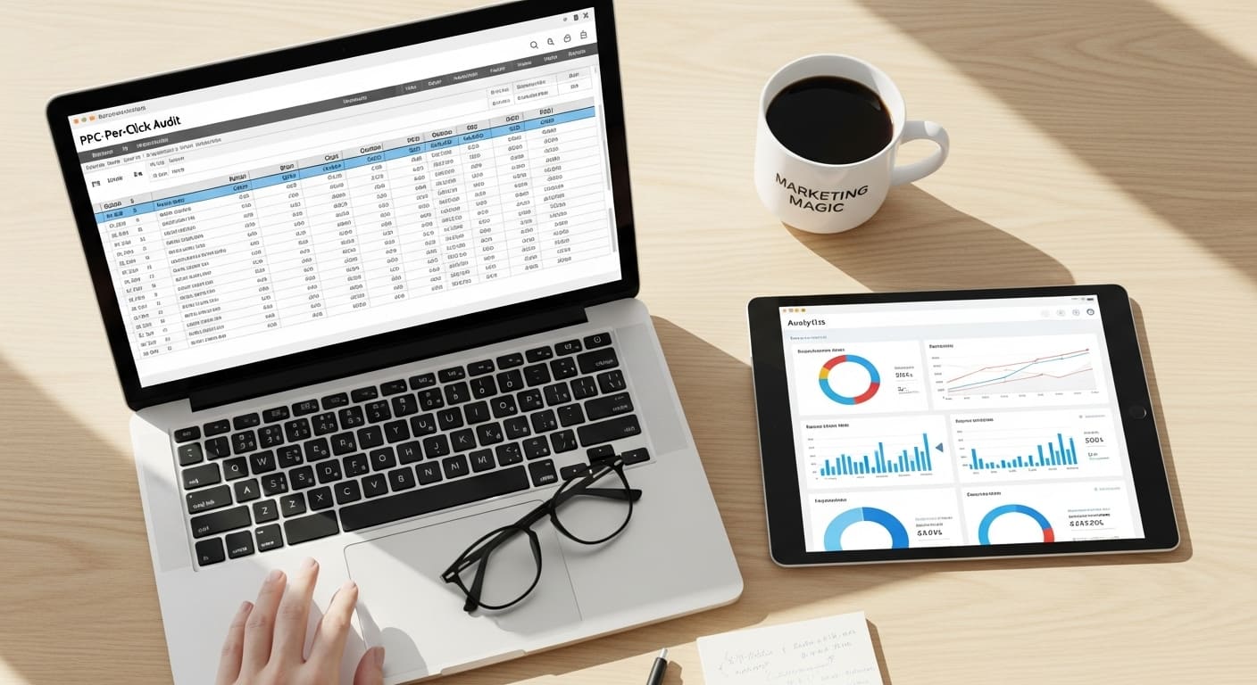 Marketer auditing e-commerce PPC account performance with detailed spreadsheet and dashboard analysis.