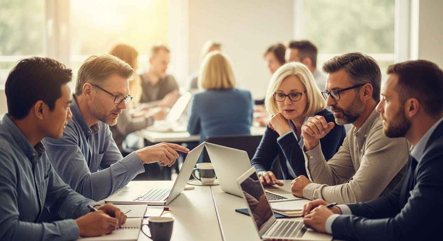 Teachers in a small workshop learning to use digital classroom tools