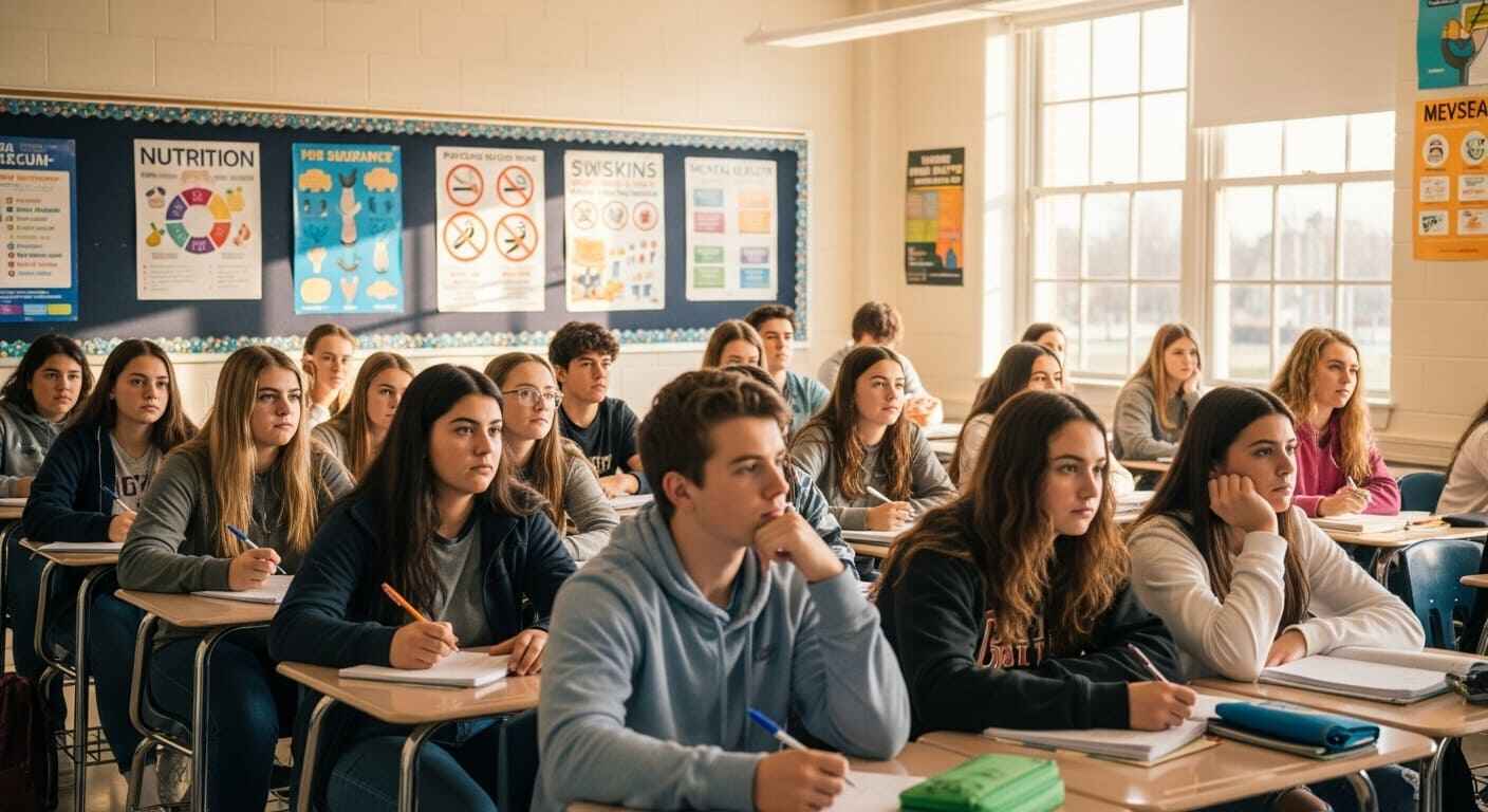 PE class discussing substance abuse prevention and healthy habits.