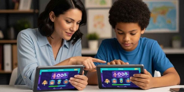 A close-up, photo-realistic image of a tutor and a student, both engaged with tablets showing a colorful, educational game interface reminiscent of Gimkit. The tutor points gently at the screen, guiding the student, who looks attentive and focused. A subtle glow emanates from the screens, highlighting the interactive learning experience in a modern, well-lit study setting. This image emphasizes one-on-one, tech-driven personalized education.